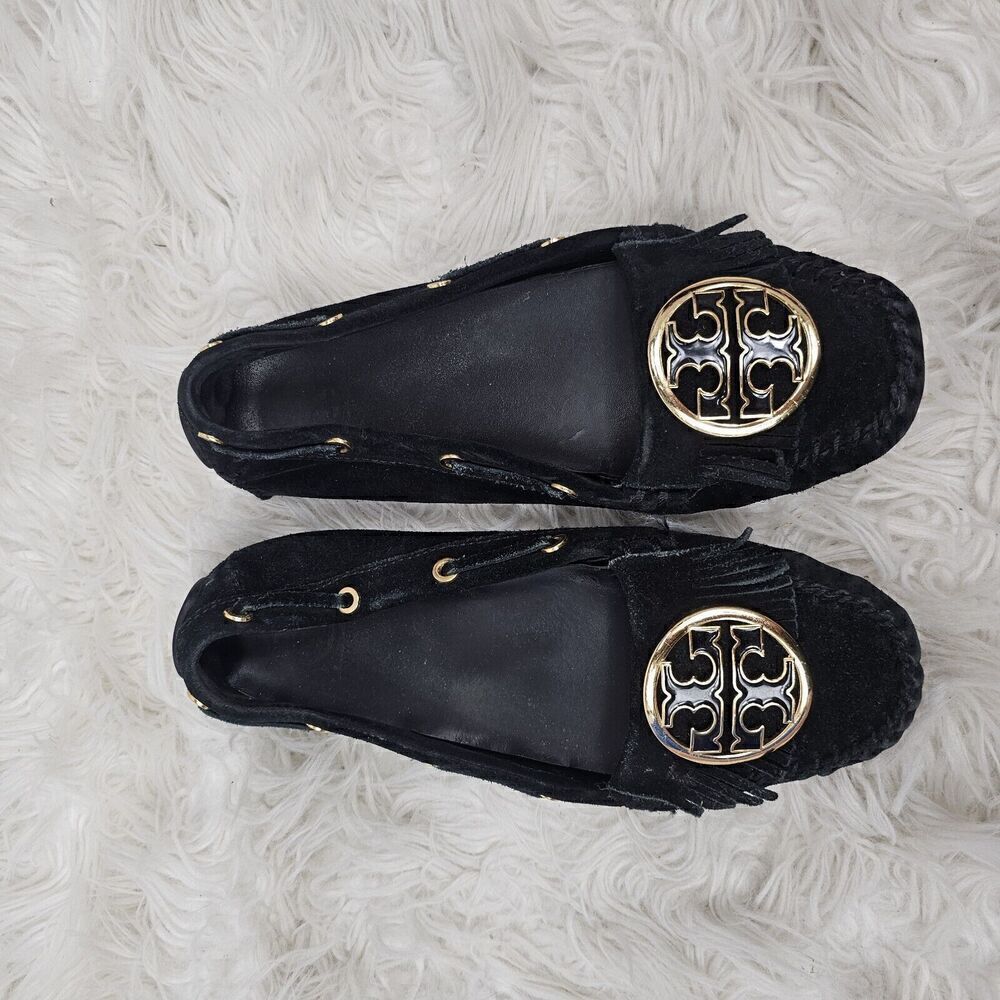 Tory Burch Alexandra Black Suede Leather Moccasins Logo Medallion Size 8 M